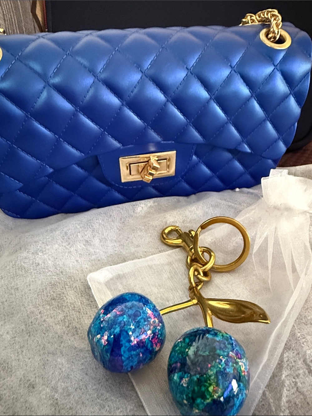 3D Printed Quilted Blue Crossbody Bag with Gold Chain and bag Charm